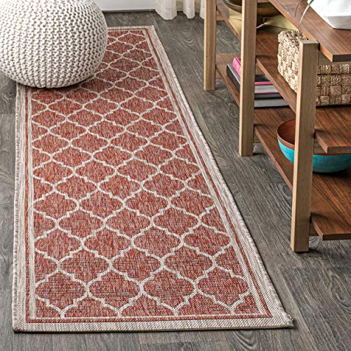 JONATHAN Y Moroccan Trellis Indoor Outdoor Runner Rug 2X14 Red/Beige, Trebol Textured Weave for Backyard, Patio, Porch, Easy-Cleaning, High Traffic, Pet-Friendly, Non-Shedding (SMB109C-214) - color: Red/Beige, size: 2'2" x 14' (Runner)