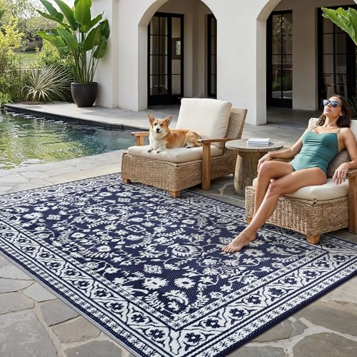 PureCozy Outdoor Waterproof 6x9 Plastic Straw Patio Rug Navy Blue Reversible for Outside Vintage Oriental Carpet Lightweight Large Rug for RV Deck Beach Balcony Picnic Backyard Entry Porch - color: Navy Blue, size: 6' x 9' (Rectangular)