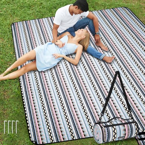 Picnic Blankets Extra Large Outdoor - Beach Blanket Waterproof Sandproof with Shoulder Strap, Machine Washable, Picnic Mat with Stakes for Grass Concert, Park.BohoGeometry - color: Black