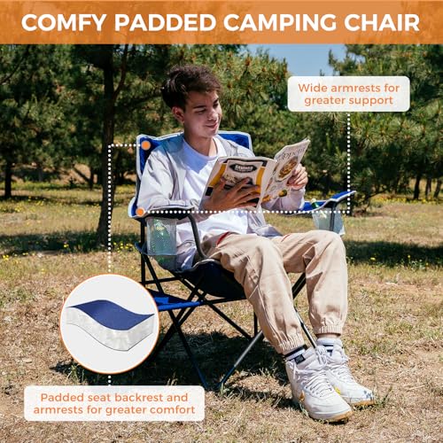 FUNDANGO Folding Padded Camping Chair, Portable Outdoor Full Back Lawn Arm Chair with Side Table Cup Holder Side Pocket for Garden, Picnic, BBQ with Carry Bag, Support 300LBS - color: Blue-2