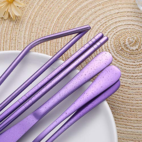 Portable Stainless Steel Flatware Set, Travel Camping Cutlery Set, Portable Utensil Travel Silverware Dinnerware Set with a Waterproof Case (Light Purple) - color: Light Purple