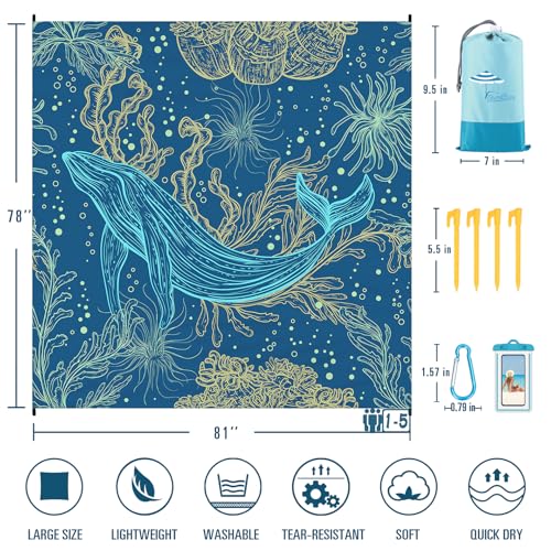 Famstar Beach Blanket Sandproof Waterproof 78''81'' 1-5 Adults Oversized, Compact Lightweight Durable 210T Polyester Beach Mat for Travel Camping Hiking Picnic - color: Blue Whale, size: 78''×81''