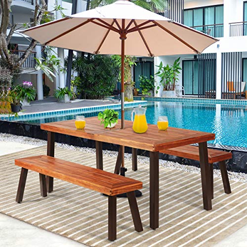 Giantex Patio Dining Table Set with 2 Benches, Outdoor Picnic Table Set with Umbrella Hole, Acacia Wood Patio Seating and Rectangular Table for Backyard, Garden, Lawn (Rustic Brown)