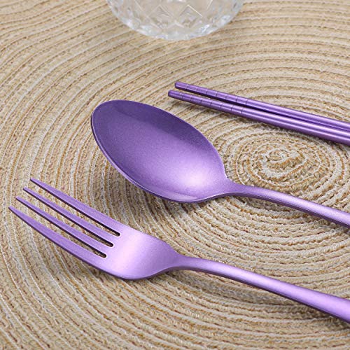 Portable Stainless Steel Flatware Set, Travel Camping Cutlery Set, Portable Utensil Travel Silverware Dinnerware Set with a Waterproof Case (Light Purple) - color: Light Purple