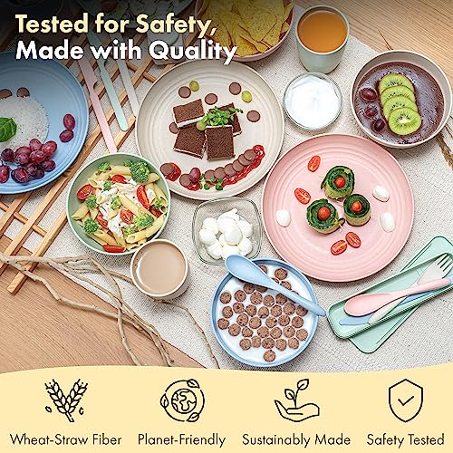 FOODLE Wheat Straw Dinnerware Set - BPA Free & Safety Certified - Lightweight & Unbreakable - Microwave & Dishwasher Safe - Camping, Dorm & RV Dishes - Reusable Kids Plates and Bowls Sets - For 6 - color: Multicolor
