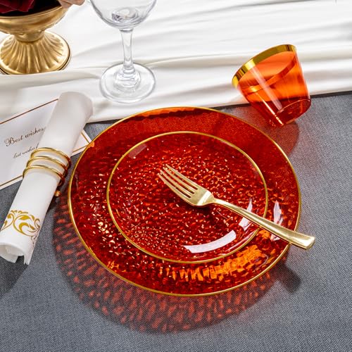 DaYammi 350PCS Clear Red Gold Plastic Dinnerware Set for 50 Guests, Hammered Disposable Plates for Party, Include: 50 Dinner Plates, 50 Dessert Plates, 150 Gold Silverware, 50 Napkins, 50 Cups - color: Clear Red, size: 350 Pcs