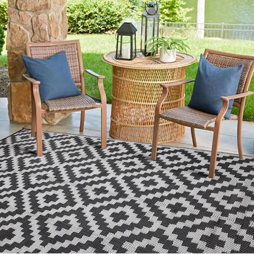 Outdoor Rugs, Outdoor Plastic Straw Rug, Reversible Waterproof Carpet for Camping, Poolside, Garden, BBQ Area, Gazebo Flooring, RV Park & Beach, Square Pattern, Black & Light Gray, 5'x8' - color: Square Frames - Black & Light Gray, size: 5' x 8'