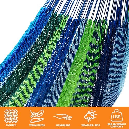 Lazy Daze Hammocks Handwoven Mayan Hammock with Heavy Duty Steel Stand, 10.5 FT Soft Rope Double Hammock for Patio Outside, 550 lbs Weight Capacity, Blue/Green - color: Blue/Green