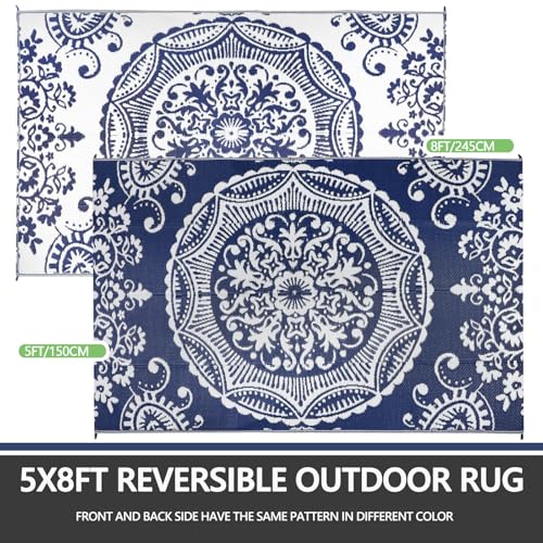 Capslpad Outdoor Rug 5x8 Blue Waterproof Outside Plastic Straw Rug, Reversible Boho Floral Balcony Carpet Foldable Camping Area Rug with Carry Bag for RV Patio Backyard Deck Bench Picnic Porch - color: Blue, size: 5' x 8' (Rectangular)