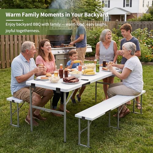 Picnic Table Set with 2 Benches,6 Feet Folding Camping Table Chair Set with Wood Grain Tabletop,3-Piece Outdoor Indoor Portable Folding Furniture for Party, Camping, Picnic, Weddings (White)