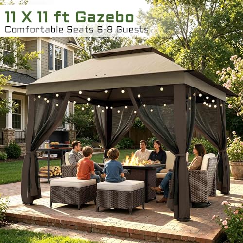 11'X11' Gazebo Pop Up with 4 Sidewalls Mosquito Netting, Heavy Duty Patio Gazebo Canopy Tent with Double Air Roofs for Backyards, Patios, Decks, Gardens, Parks - color: Beige Top