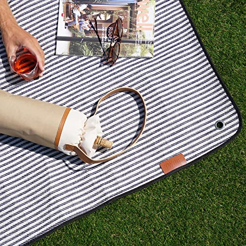Twine Picnic Blanket - Waterproof Outdoor Blanket with Leather Carrying Straps and Picnic Stakes - Navy/White Striped 6pc Set of 1 - style: Picnic Blanket