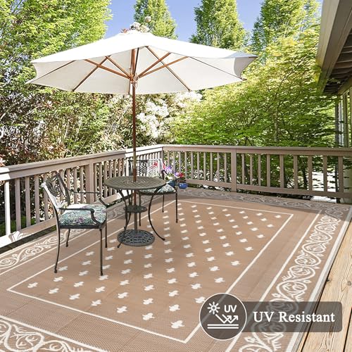 Pauwer Waterproof Outdoor Rug 8x10, Reversible Plastic Straw Patio Camping Rug, Indoor Outdoor RV Mat Carpet for Deck, Camper, Porch, Balcony, Backyard, Picnic, Bordered Beige - color: Bordered Beige, size: 8' x 10' (Rectangular)