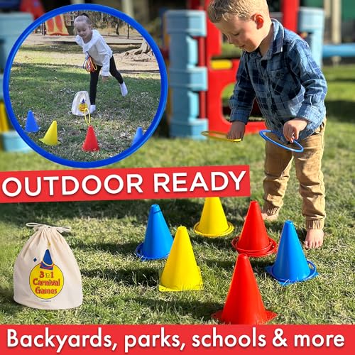 Ring Toss Game, Obstacle Course for Kids 3-5 & Birthday Party Games, Carnival Bean Bags for Tossing Gross Motor Toys for Toddlers 3-5, 12 Rings & 12 Bean Bags, 6 Cones for Kids, PE Equipment