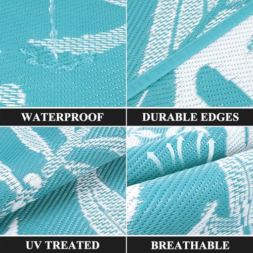Pauwer Waterproof Outdoor Rug 8x10, Reversible Plastic Straw Patio Camping Rug, Indoor Outdoor RV Mat Carpet for Deck, Camper, Porch, Balcony, Backyard, Picnic, Floral Teal - color: Floral Teal, size: 8' x 10' (Rectangular)
