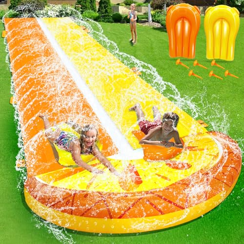 iGeeKid Pineapple Lawn Water Slides with 2 Bodyboards for Kids Adults, Heavy Duty Water Toys Sprinkler 2 Race Lane Backyard Outdoor Summer Beach Swimming Pool Water Game Party, 20 x 5.6 ft - style: 20Ft Pineapple Double Lane