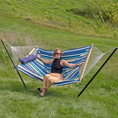 Sunnydaze Rope Hammock with Stand for Outside - Heavy Duty Freestanding Portable Outdoor Hammock Set with Quilted Pad, Pillow, and 12-Foot Steel Frame - 275 lb Capacity - Lakeview - color: Lakeview