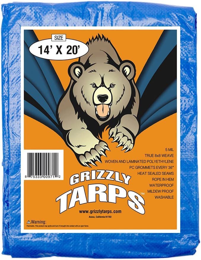 Grizzly Tarps by B-Air 14' x 20' Large Multi-Purpose Waterproof Heavy Duty Poly Tarp with Grommets Every 36", 8x8 Weave, 5 Mil Thick, for Home, Boats, Cars, Camping, Protective Cover, Blue - size: 14X20
