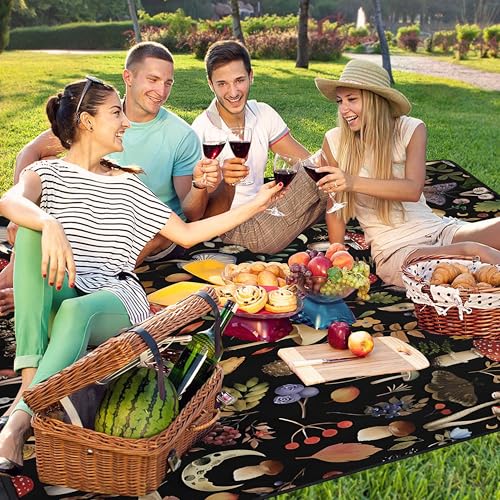 Supfitness Extra Large Picnic Blankets Waterproof Foldable (60"x 80") Mushroom Beach Blanket Waterproof Sandproof,3-Layer Thicking Mat Outdoor Packable Camping Blanket - color: Black-2, size: 5' x 6'8" (Rectangular)