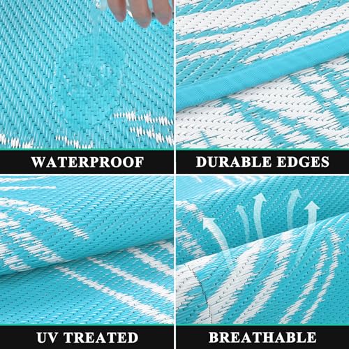 Pauwer Waterproof Outdoor Rug 5x8, Reversible Plastic Straw Patio Camping Rug, Indoor Outdoor RV Mat Carpet for Deck, Camper, Porch, Balcony, Backyard, Picnic, Leaf Teal - color: Leaf Teal, size: 5' x 8' (Rectangular)