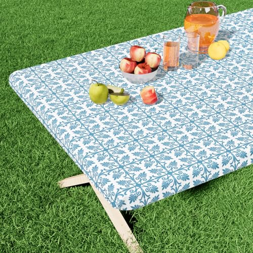 misaya Rectangle Vinyl Table Cloth, Elastic Fitted Flannel Backed Tablecloth, 100% Waterproof Plastic Table Cover Fits 6 Foot Folding Tables for Picnic, Camping, Outdoor (Aqua, 30" x 72") - color: Aqua, size: 72" x 30" (Rectangular)