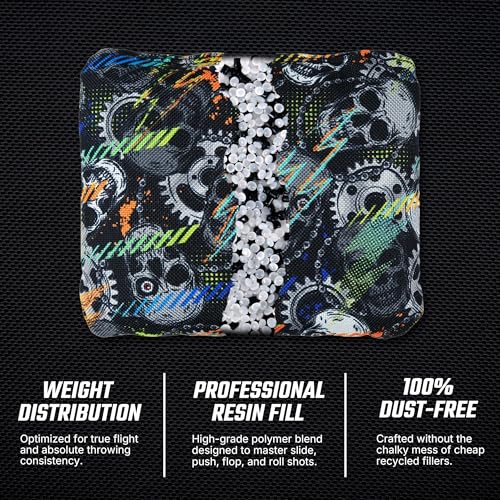 Professional Cornhole Bags Set of 8 - Dual Sided Stick & Slide (Suede/Woven) - Premium Resin Filled Regulation Weight & Size (6x6, 16oz) - Double Stitched Reinforced Seams with Carry Tote - color: Industrial Gearhead