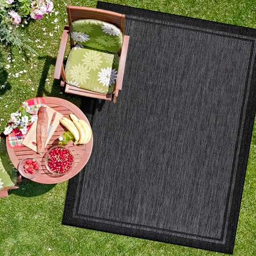 CAMILSON Indoor Outdoor Rug, 9x12 Bordered Dark Grey Black Modern Large Area Rugs for Indoor and Outdoor Patios, Kitchen and Hallway Mats, Washable Porch Deck Outside Carpet (Bordered Black, 9 x 12) - color: Bordered Black, size: 9' x 12' (Rectangular)