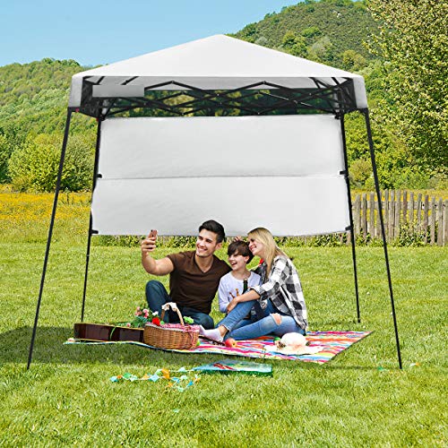 Tangkula 7x7 Ft Pop Up Canopy, Slant Leg Outdoor Tent with Carry Bag & 4 Stakes, Compact Portable Canopy Tent for Hiking Camping Fishing & Picnic, 7x7 Base, 6x6 top - color: White+Black, size: 7x7 Ft