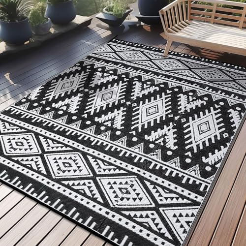 OLANLY Outdoor Rug Waterproof 10x14 ft, Reversible Outdoor Plastic Straw Rug, Boho Patio Rug, Indoor Outdoor Carpet, RV Mat Outside for Patio, Camp, Picnic, Balcony, Deck, Backyard, Black & White - color: Black & White, size: 10' X 14' (Rectangular)