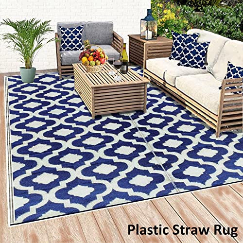 Outdoor Rug - 9x12 Blue, reversible Recycled Plastic straw Outdoor Patio Rugs Clearance Waterproof Large RV Camper Rug 484 - color: Blue, White, size: 9' x 12' (Rectangular)