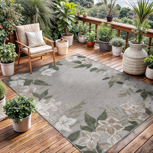Outdoor Rug 5x7 Washable Area Rugs Indoor Outdoor Carpets Green Border Floral Non Shedding Waterproof Easy Clean Patio Deck Porch Living Room Bedroom Garden RV (5 X 7 Green) - color: 1-green, size: 5' x 7' (Rectangular)