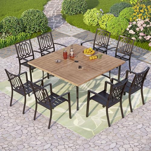 PHI VILLA 9 Pieces Outdoor Dining Set for 8, 57.5" Brown Square Iron Table with Umbrella Hole & Stackable Black Metal Steel Chairs, Large Outside Furniture Set for Patio, Deck, Yard, Porch - color: Hexagon Back Chair, size: 9PCS-57.5" Wood-like Table