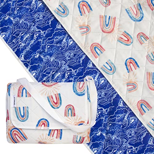 Shwally The Picnic Mat - Indoor/Outdoor Rug with Hand-Drawn Designs - Machine Washable, Water Resistant, Durable & Wipeable Material - Foldable & Easy to Carry - Large - style: Wavy Rainbows