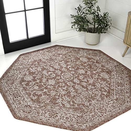 JONATHAN Y Weave Floral Indoor Outdoor Octagon Area Rug 5 Ft Red/Taupe, Tela Bohemian Textured for Backyard, Patio, Porch, Easy-Cleaning, High Traffic, Pet-Friendly, Non-Shedding (SMB100A-5TGN) - color: Red/Taupe, size: 5'3" x 5'3" (Octagonal)