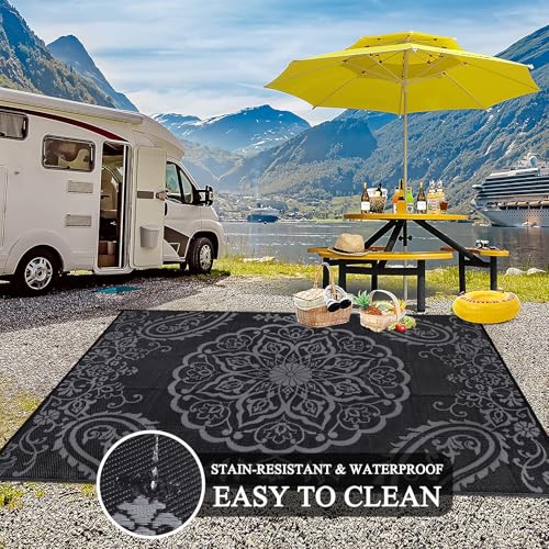 Pauwer Waterproof Outdoor Rug 6x9, Reversible Plastic Straw Patio Camping Rug, Indoor Outdoor RV Mat Carpet for Deck, Camper, Porch, Balcony, Backyard, Picnic, Boho Black Grey - color: Boho Black Grey, size: 6' x 9' (Rectangular)