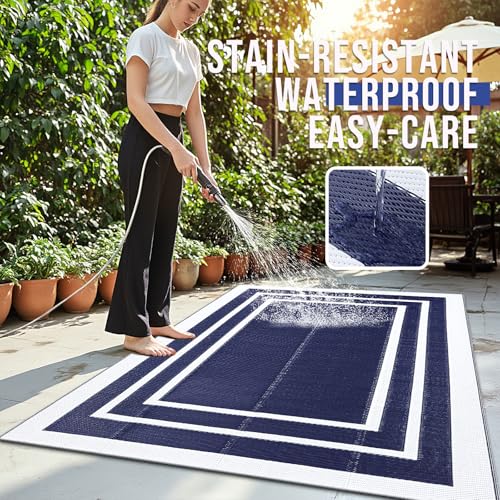 OLANLY Outdoor Rug 4x6 ft Waterproof, Reversible Outdoor Plastic Straw Rug, RV Mat, Indoor Outdoor Carpet Clearance for Patio, Camping, Balcony, Deck, Backyard, Navy & White - color: Navy Blue & White, size: 4' X 6' (Rectangular)