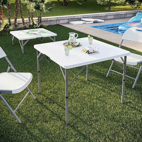 34” Square Folding Table, Small Folding Table with Easy-Carry Handle, White