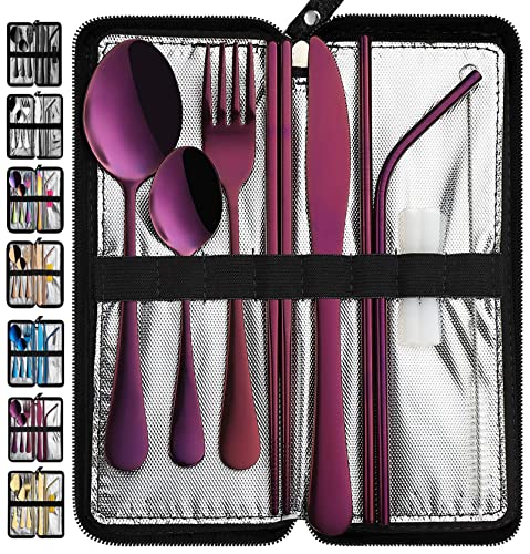 VANDBAO Portable Travel Utensils, Reusable Silverware with Case for Fixing Tableware, 9 Pieces Stainless Steel Stable Flatware Set, Camping Picnic Cutlery Set (Purple Set) - color: Purple Set, size: 9 Pieces - Medium