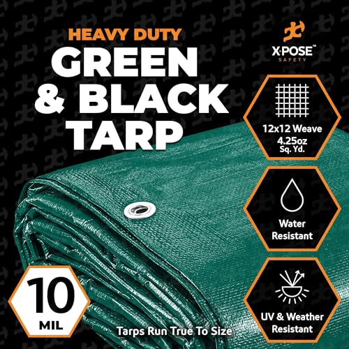 Heavy Duty Poly Tarp - 6' x 8' (2-Pack) - 10 Mil Thick Waterproof, UV Blocking Protective Cover - Reversible Green and Black - Laminated Coating - Grommets - by Xpose Safety - color: Green/Black, size: 6 Feet x 8 Feet (2pk)