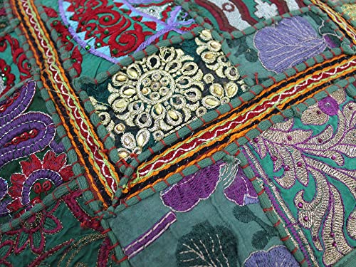 Mam Treasures Indian Bohemian Decorative Pillow Vintage Cushion Cover Patchwork Square Floor Pillow Cover Meditation Cushion Large Floor Pillow Indian Cushion (Dark Green, 16 X 16 X 5 Inch) - color: Dark Green, size: 16" x 16" (Pack of 1)