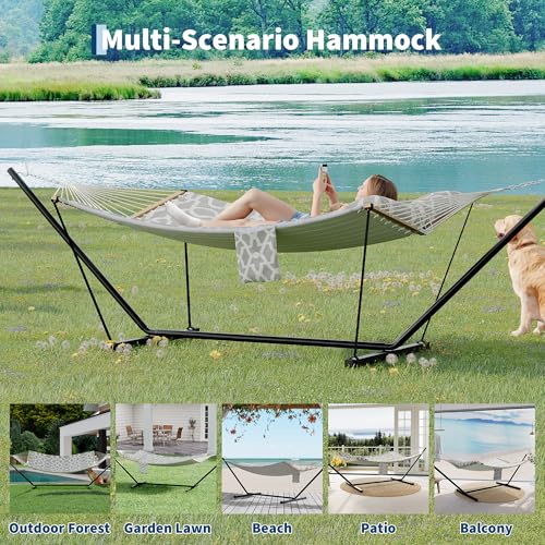 2 Person Double Hammock with Adjustable Steel Stand & Pillow, Heavy Duty Portable Outdoor Hammock Set, MAX 450 LBS Weight Capacity for Patio, Garden, Beach, Backyard - color: V-light Gray Textured