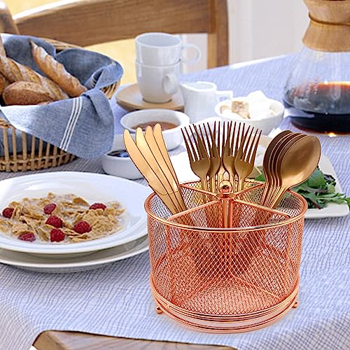 DysanVica 360 Rotating Metal Utensil Caddy - 4 Compartment Silverware Cutlery Holder Fork Spoon Napkin Organizer Flatware Storage Basket Party Countertop Buffet Picnic Camping Outdoor Rose Gold Pink - color: Rose Gold