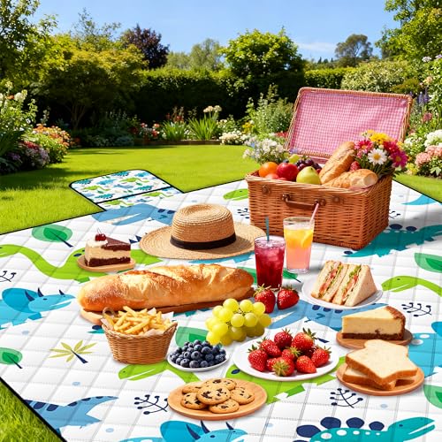 Extra Large Picnic Blanket Waterproof,80"x 80"Foldable Machine Washable Beach Blanket,Outdoor Blanket for 6-8 Adults,Picnic Mat Suitable for Indoor Crawling,Park Beach,Camping,Hiking,Travel(Dinosaur) - color: Green Dinosaur, size: 6'8" x 6'8" (Square)
