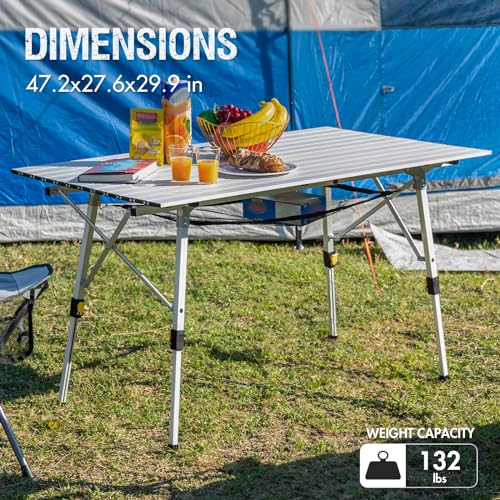 Portal Camping Table Portable Foldable with Adjustable Legs, Aluminum Folding Table Roll Up Table with Carrying Bag for Outdoor, Beach, Picnic, Backyards, BBQ and Party, Silver, Big - color: Silver, size: Extra Large-47.2"L x 27.6"W