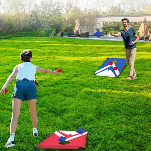 NZQXJXZ 3x2 ft Cornhole Board Set with 8 Bean Bags and Carrying Bag, Outdoor Toss Game Set for Kids and Adults, Portable Corn Hole Sets for Beach Lawn Backyard - color: Simple red and blue