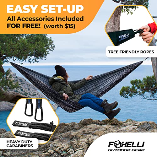 Foxelli Camping Hammock – Ultralight Hammock for Backpacking, Hiking, Festivals, Travel - Easy Setup with Tree-Friendly Ropes & Steel Carabiners, Heavy Duty Parachute Nylon - color: Tribal Grey