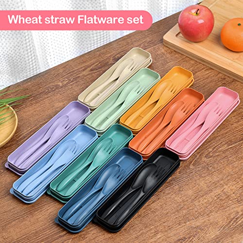 Reusable Travel Utensils Set with Case, 2 Sets Wheat Straw Portable Plastic Fork Spoons Knife Camping Cutlery, Eco-Friendly BPA Free Lunch Tableware for Kids Adults Travel Picnic Utensils - color: 2 Sets - Black, Dark Blue