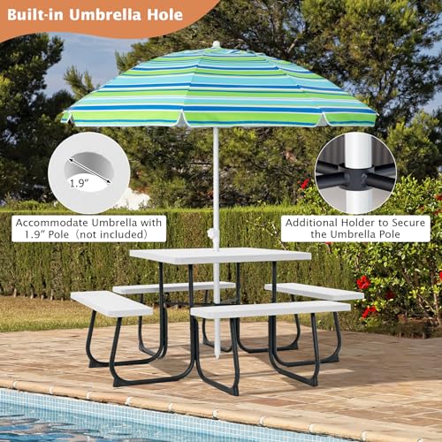 Giantex Picnic Table Set for 8 Persons, Outdoor Table and Bench with Umbrella Hole, HDPE Top & Metal Frame, 500LBS Capacity, Square Patio Table Bench for Deck Backyard Garden (White) - color: White, size: Square-35"x35"x30"