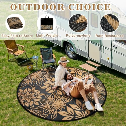 Round Outdoor Rug 6 Ft for Patio, Black & Brown Large Reversible Waterproof Plastic Carpet, Lightweight & Easy to Clean RV Camping Mat, Suitable for Deck, Picnic, Porch, Balcony and Beach - color: Black, size: 6' (Round)