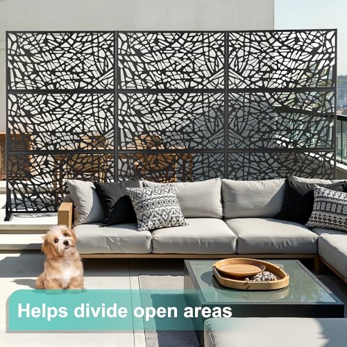Modern Metal Privacy Screen, Patio Outdoor Privacy Panels with Stand, Freestanding Outdoor Divider for Yard, Deck＆Garden(71.3"*47.3"*15.7") - color: Black,Leaf Vein